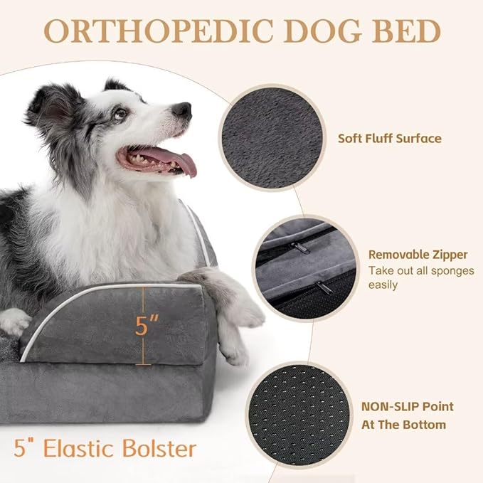 Cooling Dog Bed, Jumbo Dog Bed for Extra Large Dogs, Memory Foam Orthopedic Dog Bed, Jumbo Breed Dog Bed, Waterproof Dog Bed with Bolster & Removable Cover(Jumbo,Leaden Grey)