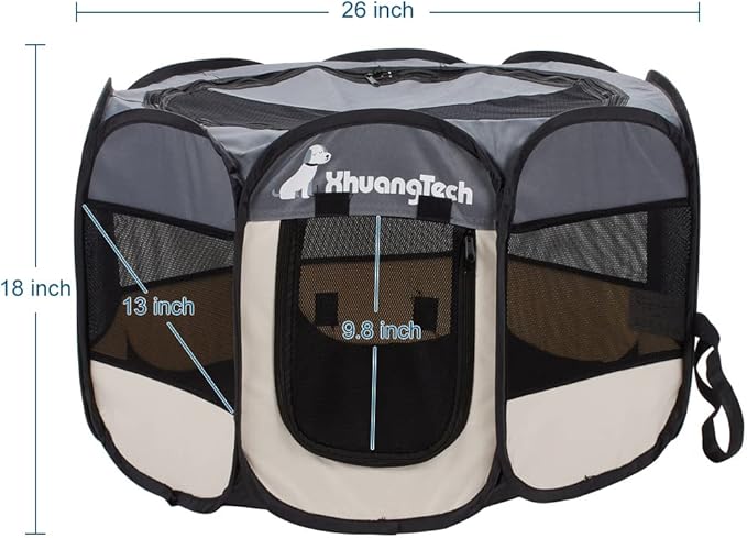 Foldable Pet Dog Playpen, Pop Up Portable Cat Playpen, Indoor/Outdoor for Kitten Puppy Play Pen, Cats Crate Cage Tent with Carrying Bag, 600D Oxford (Grey + Beige, Small (26"x26"x18"), 8)