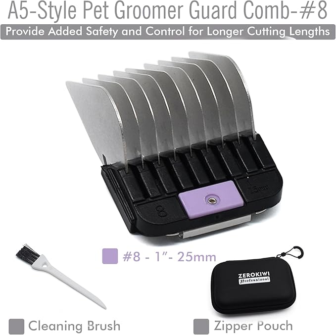 Professional A5 Style Animal Clipper Stainless Steel Color-Coded Snap-on Attachment Guard Guide Comb, 1/8"-1" Compatible with Wahl KM Series Oster A5 Andis Detachable Blade Pet Groomers (#8 - 1")