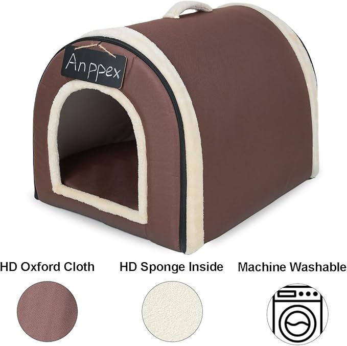 ANPPEX Large Igloo Dog House Indoor,2XL Size Dog Cave for Large and Medium Dogs,2-in-1 Washable Covered Dog Bed,Brown