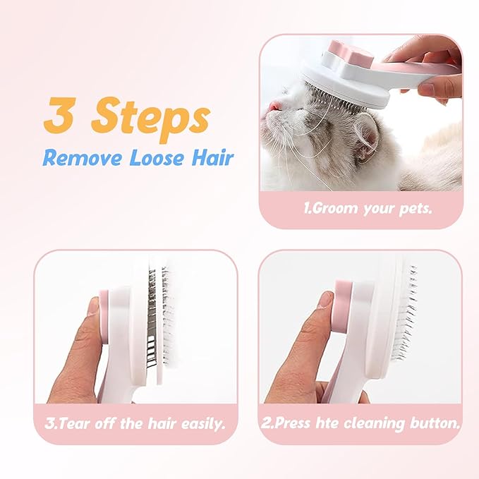 Grooming Brush with Release Button - Nail Trimmer, Hair Cleaner Brush for Shedding Long or Short Hair Cats and Dogs, Pet Massage Brush Pink