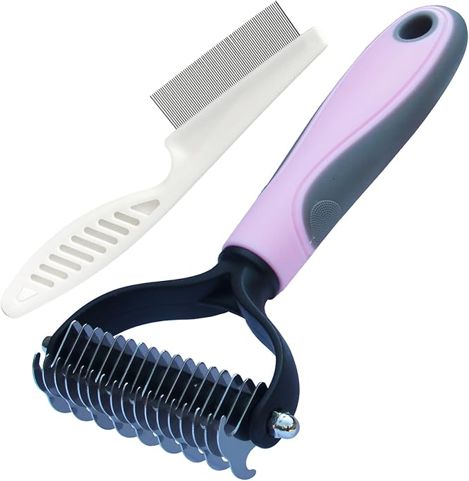Pet Grooming Tool: Double Sided Undercoat Rake Comb for Deshedding and Dematting Dogs and Cats, Flea Comb Set (Pink/16 tooth)