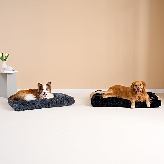 EHEYCIGA Fluffy Dog Crate Bed for Extra Large Dogs, Plush Faux Fur Dog Crate Pad, Calming Anti Anxiety XL Dog Bed for Crate, Washable Soft Warm Dog Crate Mat with Non-Slip Bottom, Dark Grey