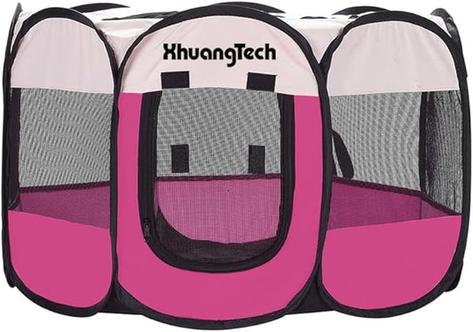 Foldable Pet Dog Playpen, Pop Up Portable Cat Playpen, Indoor/Outdoor for Kitten Puppy Play Pen, Cats Crate Tent with Carrying Bag, 600D Oxford (Rose + Beige, Medium (31.5"x31.5"x23"), 8)