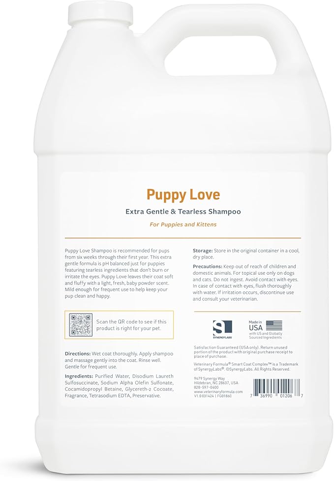 Veterinary Formula Smart Coat Complex Puppy Love Extra Gentle Tearless Shampoo, 128 Fl oz / 1 Gallon – For Pups Over 6 Weeks – With Fresh Scent, Long-Lasting Clean – Won't Dry Out Delicate Skin