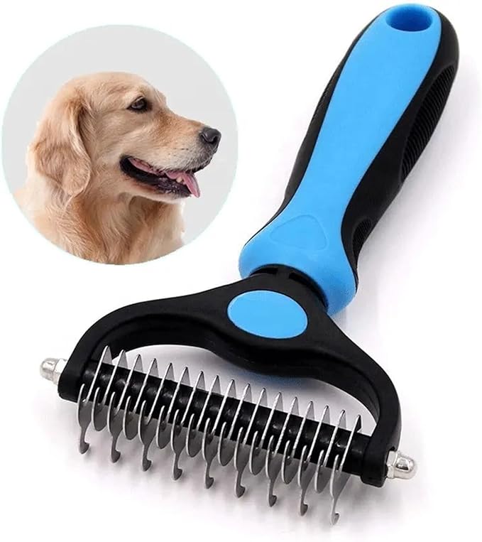 Pet Dog and Cat Deshedding Brush Grooming Tool Fur Removal - Double Sided Undercoat Rake Shedding Comb Mat Remover Deshedder Safe Detangler for Matted Hair/Fur, Blue