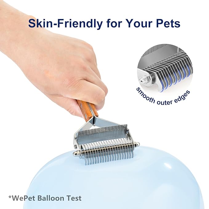 WePet 2-in-1 Dematting Comb & Shedding Brush, Undercoat Rake Grooming Tool with Wooden Handle for Dogs & Cats - Easily Removes Mats, Tangles, and Loose Hair