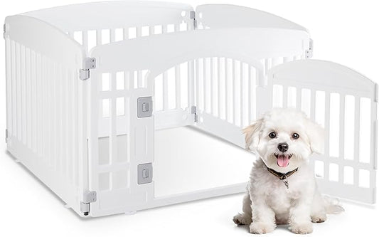 HealSmart 4 Panel 24" Plastic Dog Playpen, Folding & Portable Pet Playpen for Indoor & Outdoor Use, Safe & Secure Fence, Ideal for Small to Medium Dogs, White