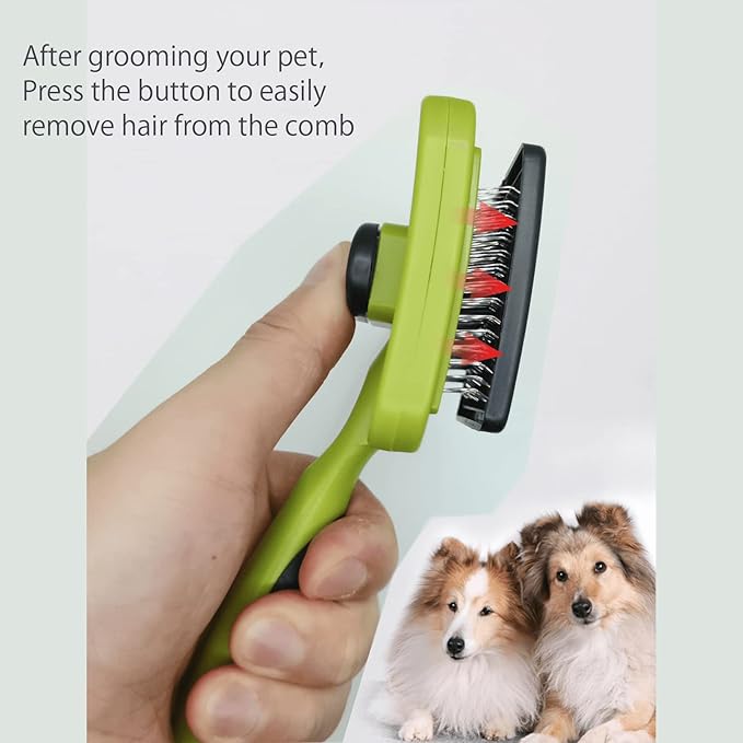 IOO Grooming Brush For Cat And Dog, Self Cleaning Slicker Brushes For Pet, Pet Grooming Brush Can Gently Removes Loose Undercoat, Mats Tangled Hair Slicker Brush for Pet Massage Cleaning (green)