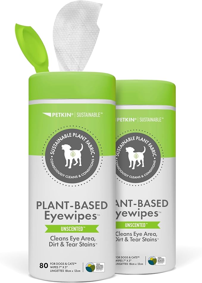 Petkin Plant-Based EyeWipes, 80 Wipes, 2 Pack - Biobased & Sustainable Pet Eye Wipes for Dogs & Cats - Cleans Eye Area, Dirt & Tear Stains - Consciously Cleans & Conditions - Easy to Use - Unscented