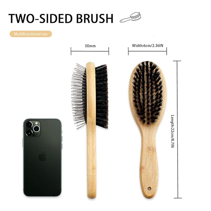 Double Sided Dog and Cat Brush - Bristle and Pin for Grooming, Real Boar Bristle With Bamboo Handle for Long Short Hair, 4 Pack Comb, Black+Yellow
