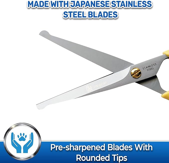 Pet Magasin Japanese Stainless Steel Grooming Scissors (2) for Facial Hair and Larger for Body Trimming with Round Tip (Yellow)