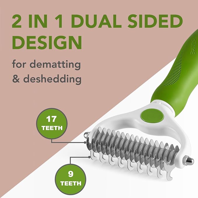 Pet Grooming Brush- Double Sided Dematting and Deshedding Undercoat Rake Brush for Dogs and Cats, Green