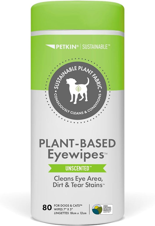 Petkin Plant-Based Eyewipes, 80 Wipes - Biobased & Sustainable Pet Eye Wipes for Dogs & Cats - Cleans Eye Area, Dirt & Tear Stains - Consciously Cleans & Conditions - Easy to Use - Unscented