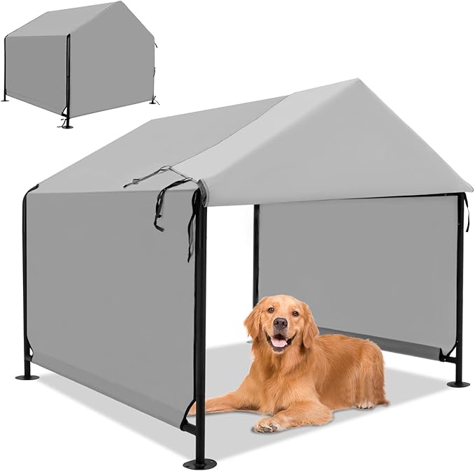 XLarge Outdoor Dog House 4'x4'x3.6' for Large Dogs, Animal Shelter with Upgraded Doors, Outside Sun Rain Canopy Pet House for Dogs, Cats, Small Animals and Livestock, Grey