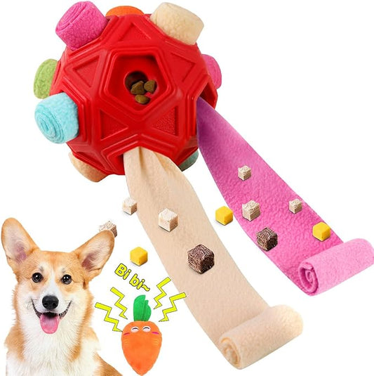 Dog Snuffle Ball-Interactive Puzzle Dog Toys Encourage Natural Foraging Skills Slow Feeder for Training and Stress Relief, Cloth Strip Hiding Food Chew Toys for Any Size Dogs with Squeaky Carrot