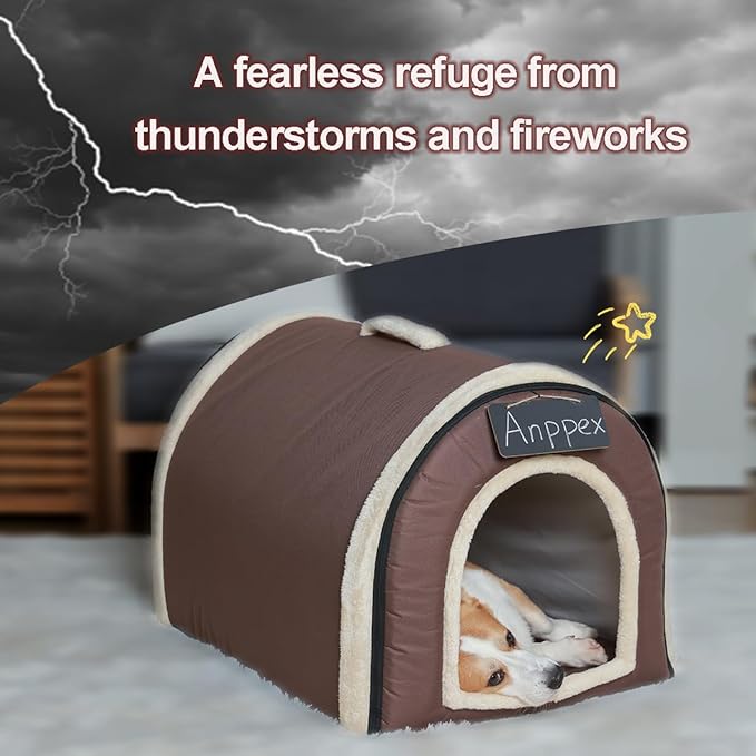 ANPPEX Igloo Dog House Indoor,L Size Dog Cave for Small and Medium Dogs,2-in-1 Washable Covered Dog Bed,Brown