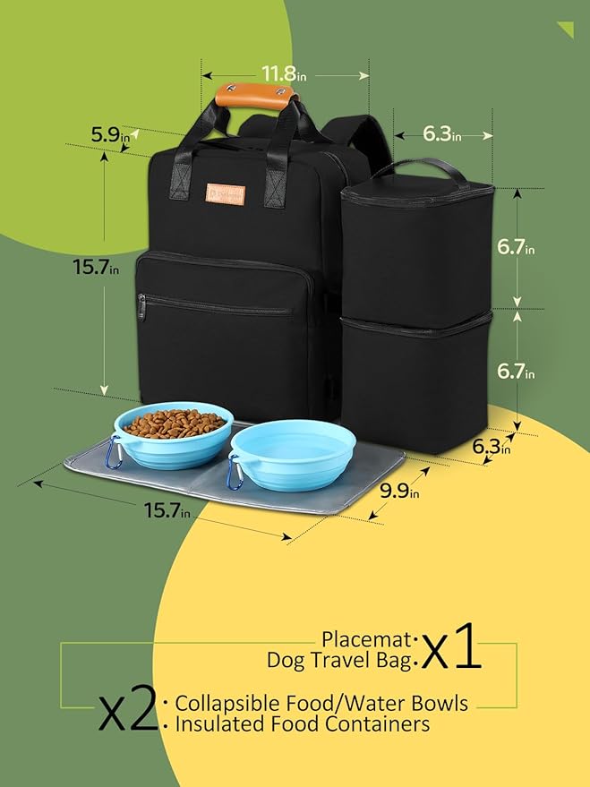 Dog Travel Bag, Airline Approved Organizer Backpack with Multi-Function Pockets, 25L Accessories Set with 2 Food Storage Containers, 2 Foldable Bowls for Weekend