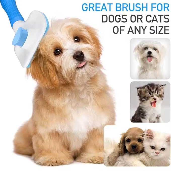 Pet Grooming Brush, Blue - Self Cleaning Hair Brush for Dogs and Cats, Removes Loose Undercoat, Bristles with Massage Particles, Ergonomic Handle, For Long or Short Hair Breeds