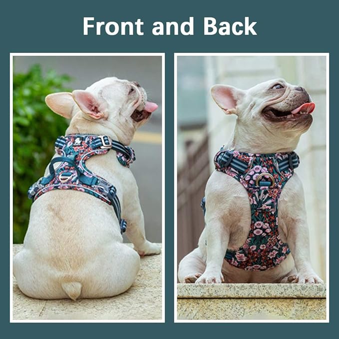 La La Pet® Floral No Pull Dog Harness Reflective Dog Vest Harness with Front & Back 2 Leash Clips and Easy Control Handle for Small Medium Large Dogs 3 Snap Buckles Easy to Put On & Take Off