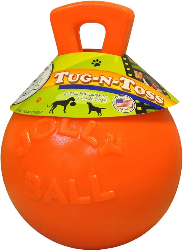 Jolly Pets Tug-n-Toss - Heavy Duty Chew Ball w/ Handle (Orange, 8")