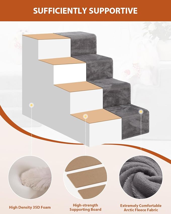 Dog Stairs for Small Dogs,22" 5-Step Pet Stairs for High Beds and Couches,Dog Steps with Non-Slip Bottom and High-Density Foam Indoor Outdoor,Grey