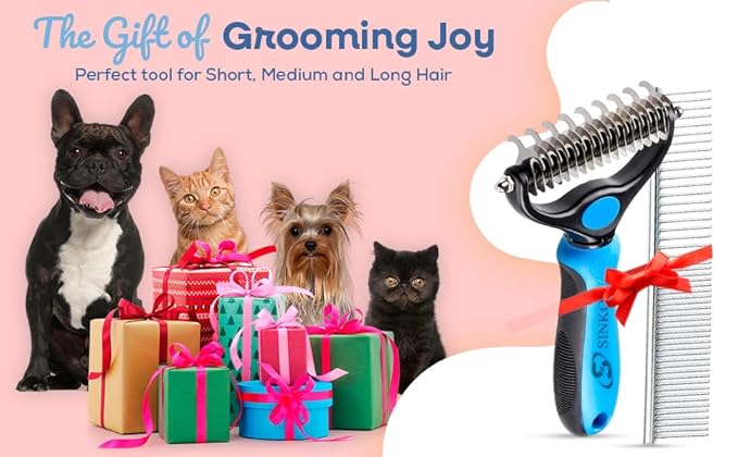 Undercoat Rake for Dogs & Cats, Dematting Comb with Extra Wide Double-Sided Stainless Teeth for Detangling, Deshedding, Brushing & Removing Shed Fur, Knots, Mats, and Tangles in Pets (Brush and comb)