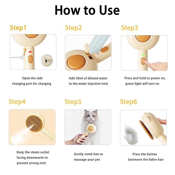 3-in-1 Steam Brush For Cats,Indoor Dog Grooming Shedding Defur Comb,For Long And Short Haired Pets Spray Hair Removal Comb – Includes Cleaning Waterless Shampoo