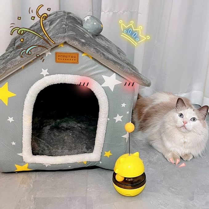 SEAHOME Foldable Dog House Kennel Bed Mat for Indoor Pets,Enclosed Warm Plush Sleeping Nest Bed with Removable Cushion,Covered Small Pet Condos Indoor Cat Hideaway (M, Grey)