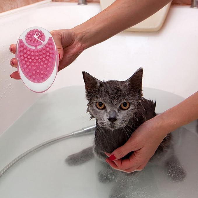 WishLotus Pet Bath Brush, Puppy Massage Brush with Shampoo Dispenser Pet Grooming Tool for Small Animals Soft Silicone Dog Shower Brush for Long Short Haired Dog and Cat Washing (Pink)