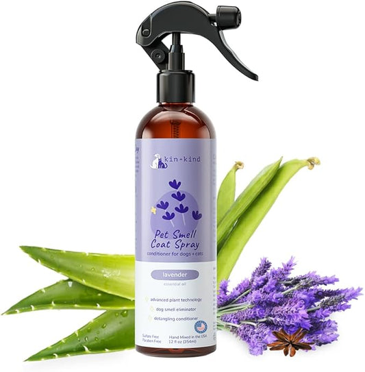kin+kind Dog Deodorizing Spray - Safe, Natural, & Easy to Use Pet Odor Eliminator, Premium Cat/Dog Detangler Spray Formula Made w/Aloe, Dog Deodorizer for Smelly Dogs/Cats Made in The USA (12 fl oz)