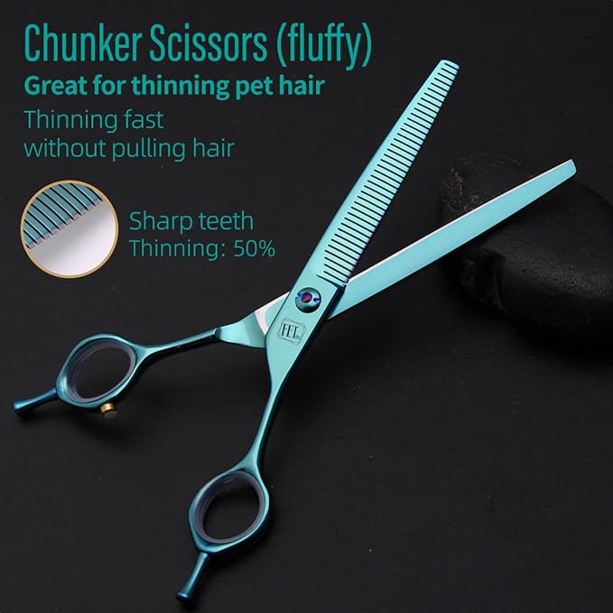 Dog Grooming Scissors: Blueish Green 5 in 1 Pet Shears Kit Made of Japanese 440C Advanced Stainless Steel Professional Grooming Scissors for Dogs Cats and Other Pets