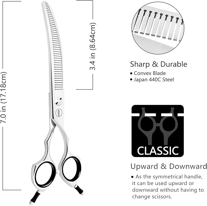 HASHIMOTO Curved Fluffer Scissors for Dog Grooming, 42 Teeth, 50% Thinning Rate, 7.0 inch, Light Weight, Designed to Remove Bulk Quickly While Leaving a Natural Finish for Groomers.
