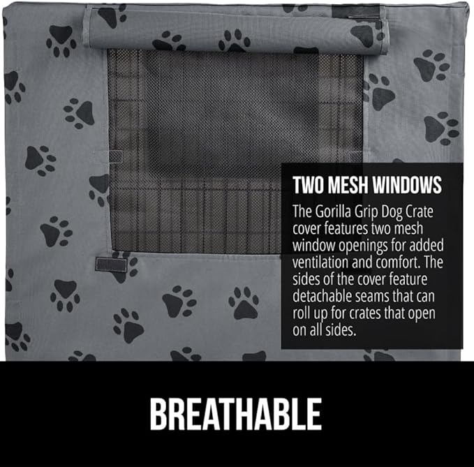 GORILLA GRIP Dog Crate Covers compatible with Amazon Basics Dog Crates, All Sides Open, Privacy Cover Fits 30" Wire Kennel, Breathable Mesh Windows, Light Reducing Puppy Training Cage Topper, Gray Paw