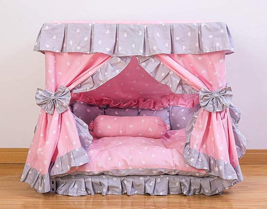 Princess Pink Grey White Heart Pet Dog Handmade Bed House+1 Candy Pillow (L)