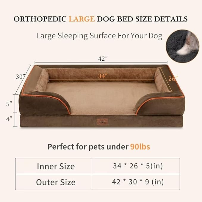 Cooling Dog Bed for Extra Large Dogs, Orthopedic Memory Foam Dog Bed, XL Dog Bed with Removable Cover, Waterproof Pet Bed Large with Bolster(X-Large,Khaki Brown)