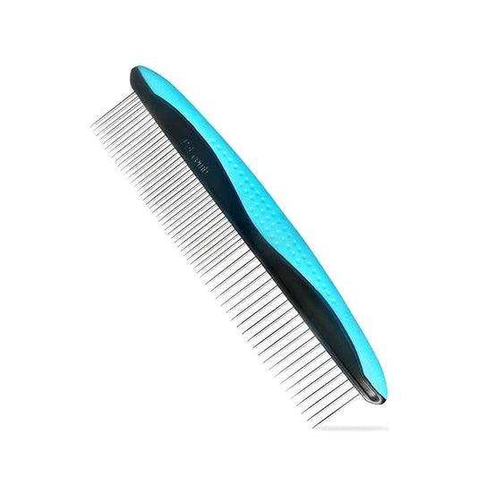 ROPO Dog and Cat Grooming Comb for Removing Matted Fur - Proper Care Prevents Knots and Mats in Long and Short-Haired Pets - Non-Slip Comfort Grip Handles (Plastic Rubber Handle, Blue)