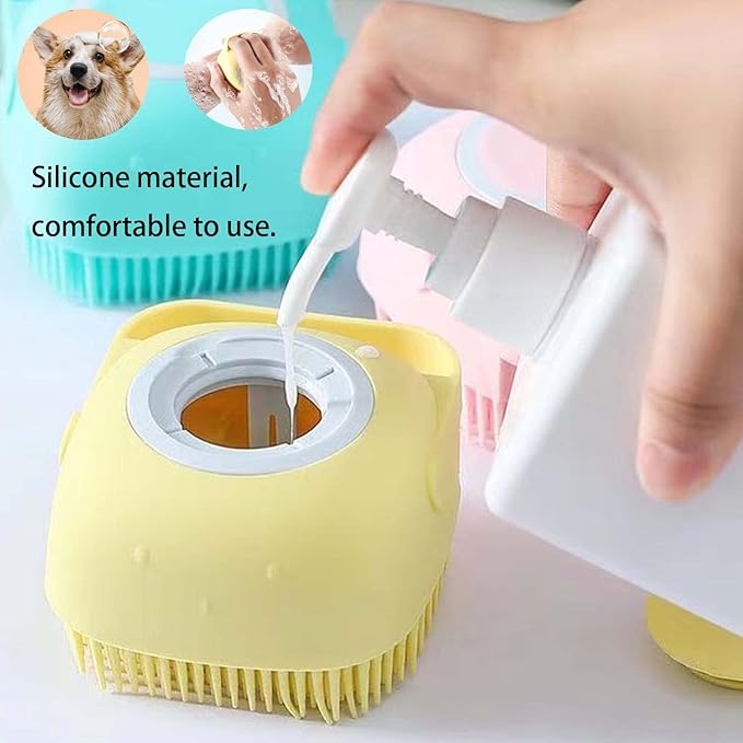 Dog Bath Brush, Dog Grooming Brush - Silicone Cat Shampoo Comb, Shampoo Dispenser for Kitty and Puppy (Yellow)