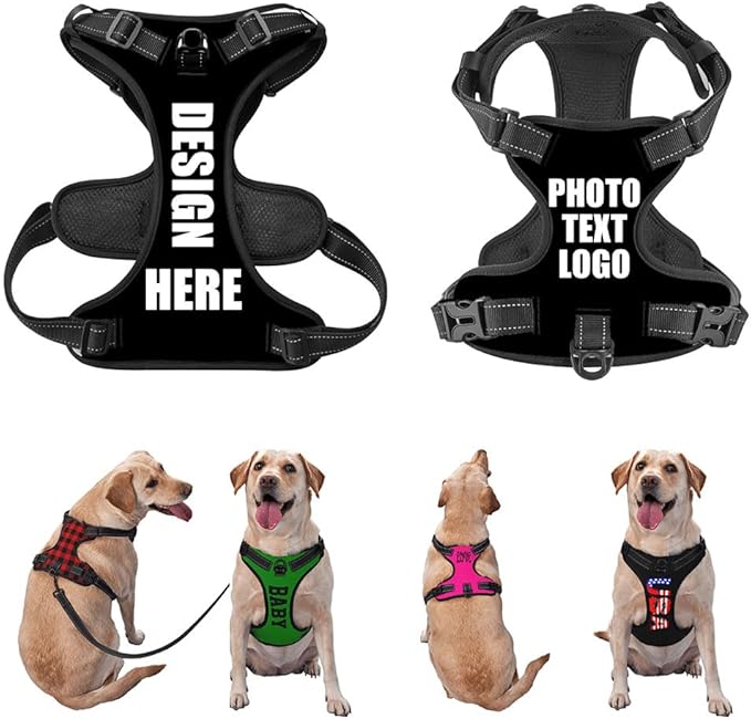 Personalized Pet Harnesses with Name and Phone Number, Heavy Duty Dog Harness with Leash Set Customization, Customizable No Pressure Pet Vest with You Own Design, Black, M