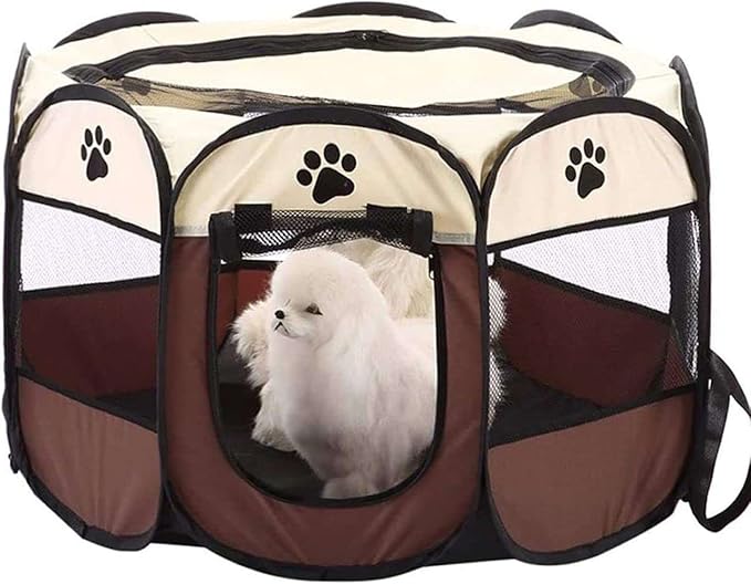 Hentay-Dog Playpen Portable Pet Play Pens for Small Dog,Cat/Rabbit/Chicks, Kitten Pen & Travel Pet Carrier + Carrying Case. (Small, Brown)