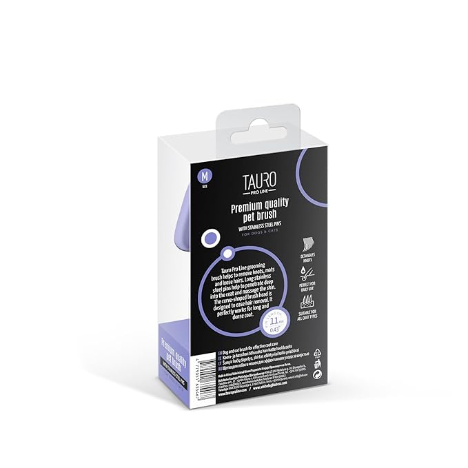 TAURO PRO LINE - Slicker Brush Rectangular M | Premium brush for dogs & cats with soft, flexible cushion ergonomic design. | Included:1x grooming brush in Purple, Dimensions: Rectangular, 3,5 x 7,4in