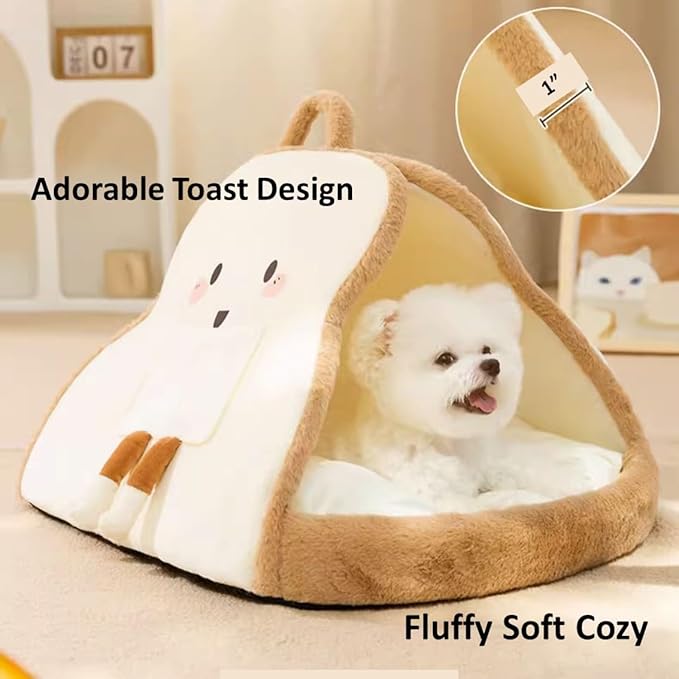 Portable Pet Cave for Puppy Kitten Cute Toast Design for Small Pets Cosy Cuddler (L: up to 11lbs)