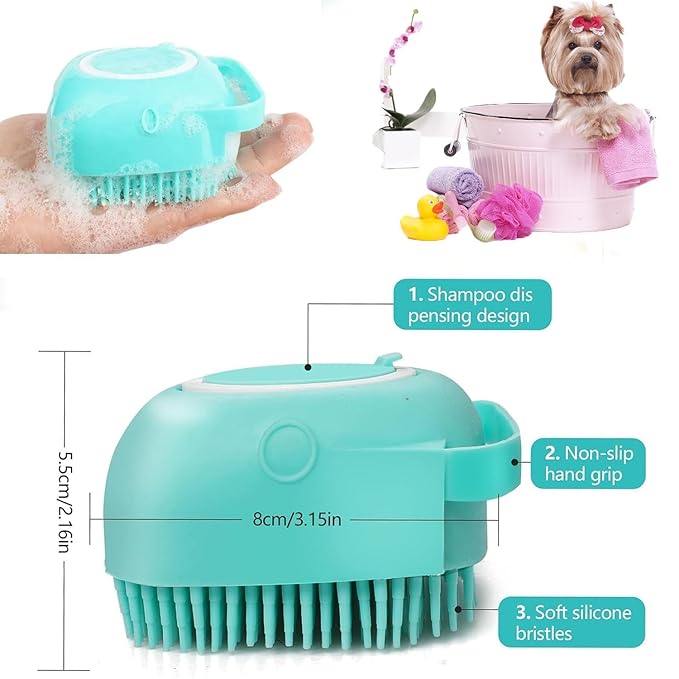 Pet Bath Scrubber Brush, Dog Grooming Massage Shampoo Bath Brush with Soap and Shampoo Dispenser Soft Silicone Bristle for Long Short Haired Dogs Cats Shower (Yellow)