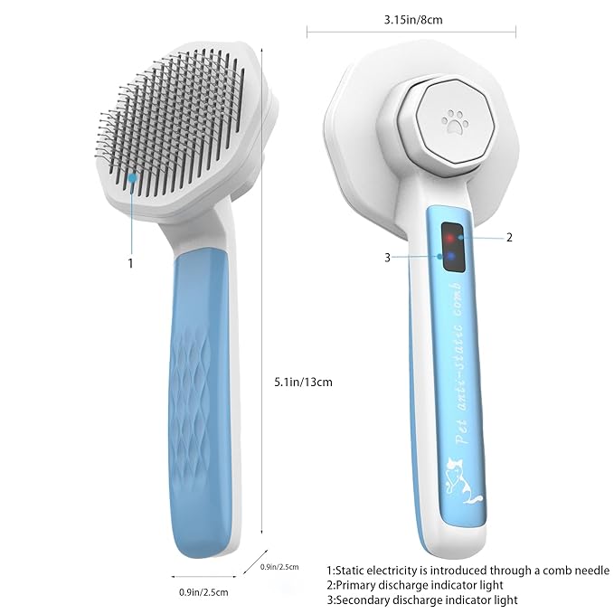 Self-Cleaning Pet Brush for Dog and Cat Long Hair - Static Electricity Eliminator Beauty Product (Blue)