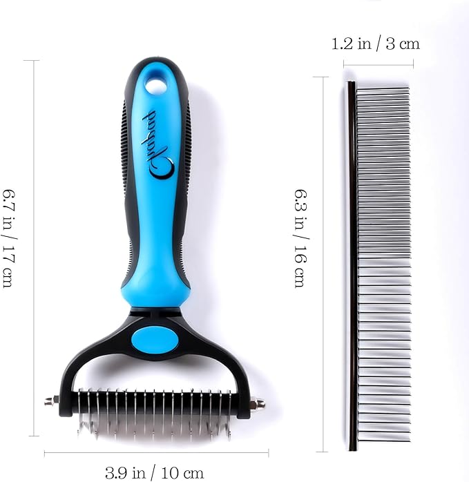 Pet Grooming Brush and Metal Comb Double Sided Long Hair Pet Undercoat Cleaner Knotting Comb for Cats and Dogs Removes Mats and Lint Effectively Removes Shedding or Flyaway Hair (Blue)