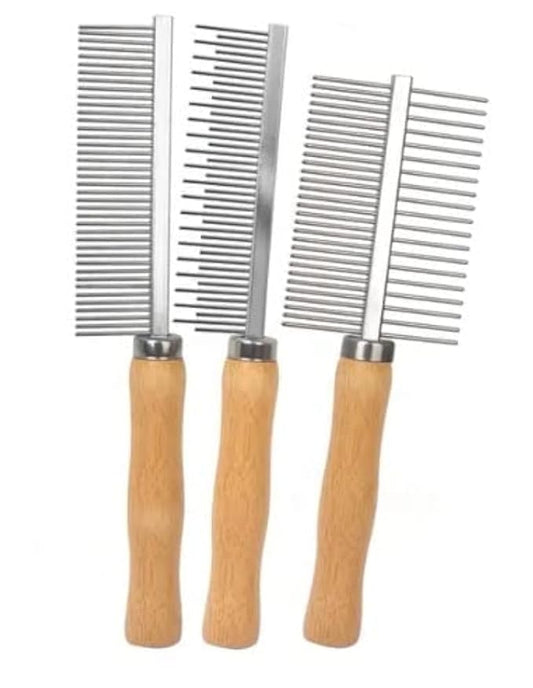 TopMed ETS Set of 3 Stainless Steel Pet Hair Comb, Wooden Handle of Bamboo Proven Grooming Tools Kit for Dogs Cats and Other Animals