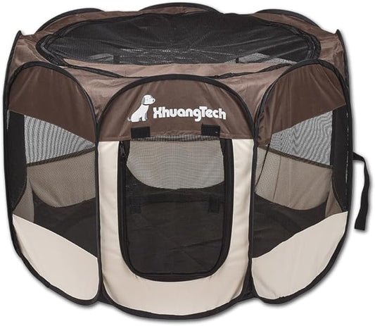 Foldable Pet Dog Playpen, Pop Up Portable Cat Playpen, Indoor/Outdoor for Kitten Puppy Play Pen, Cats Crate Cage Tent with Carrying Bag, 600D Oxford (Coffee + Beige, Small (26"x26"x18"), 8)