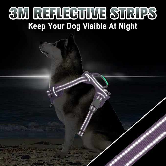 BARKBAY No Pull Dog Harness Large Reflective Dog Harness with Front Clip and Easy Control Handle for Walking Training Running with ID tag Pocket(Violet Purple,L)