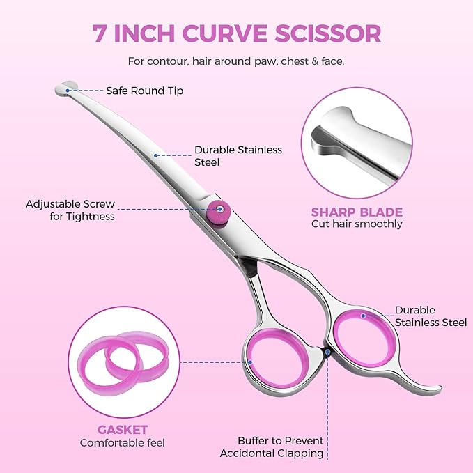 Maxshop Dog Grooming Scissors - 5 Pack Professional Titanium Stainless Steel Dog Scissors Kit Hair Cutting Thinning Shears for Dogs and Cats Heavy Duty Pet Grooming Scissors Set (Pink Set of 5)