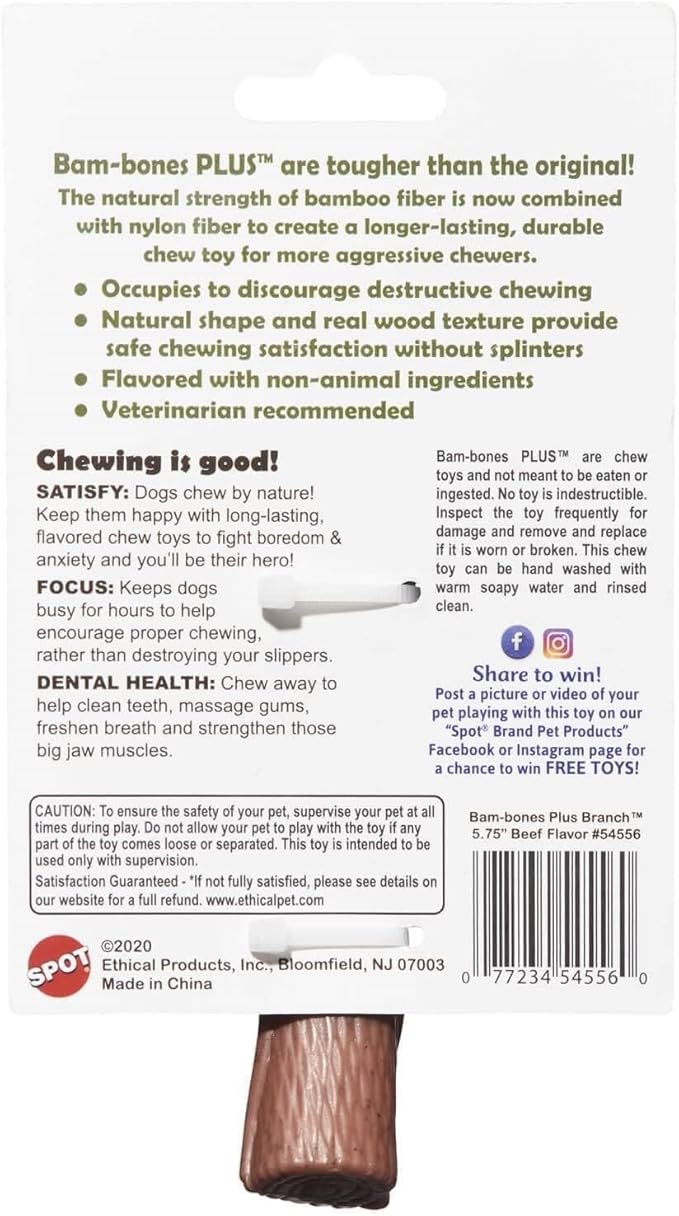 SPOT Bambones Bamboo Plus Bamboo Stick 2 Pack Bundle – Easy Grip Durable Dog Chew Toy for Aggressive Chewers & Puppies –A Non Splintering Alternative to Real Wood - Medium